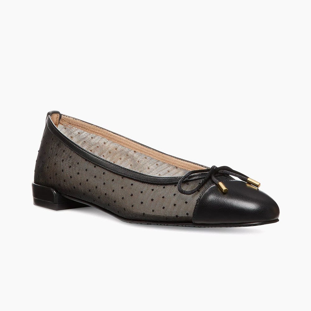 Stuart Weitzman Pin Dot Leather & Mesh Bow Flats 
Sz 7